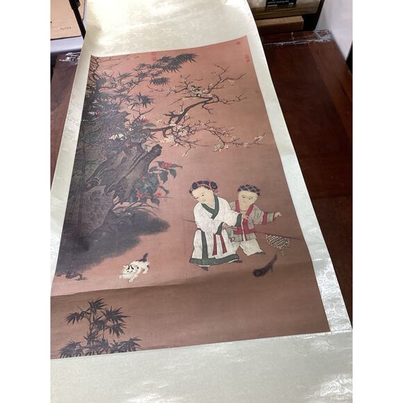 Children At Play On A Winter’s Day - Ink/Color On Silk - Scroll Painting -74x26” - Picture 2 of 12